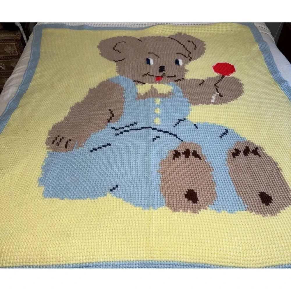 VTG  Crochet/Knitted Teddy Bear In Overalls Baby Blanket‎ Throw Afghan 54